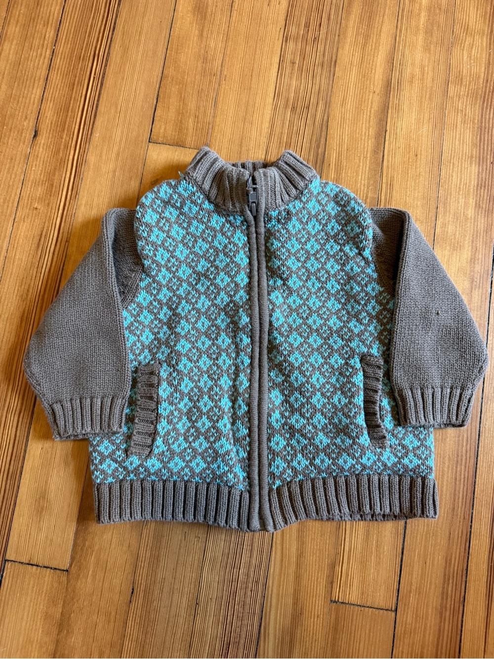 Janie and Jack Zip-Up Cotton Sweater Jacket - Gray & Teal 6-12 months